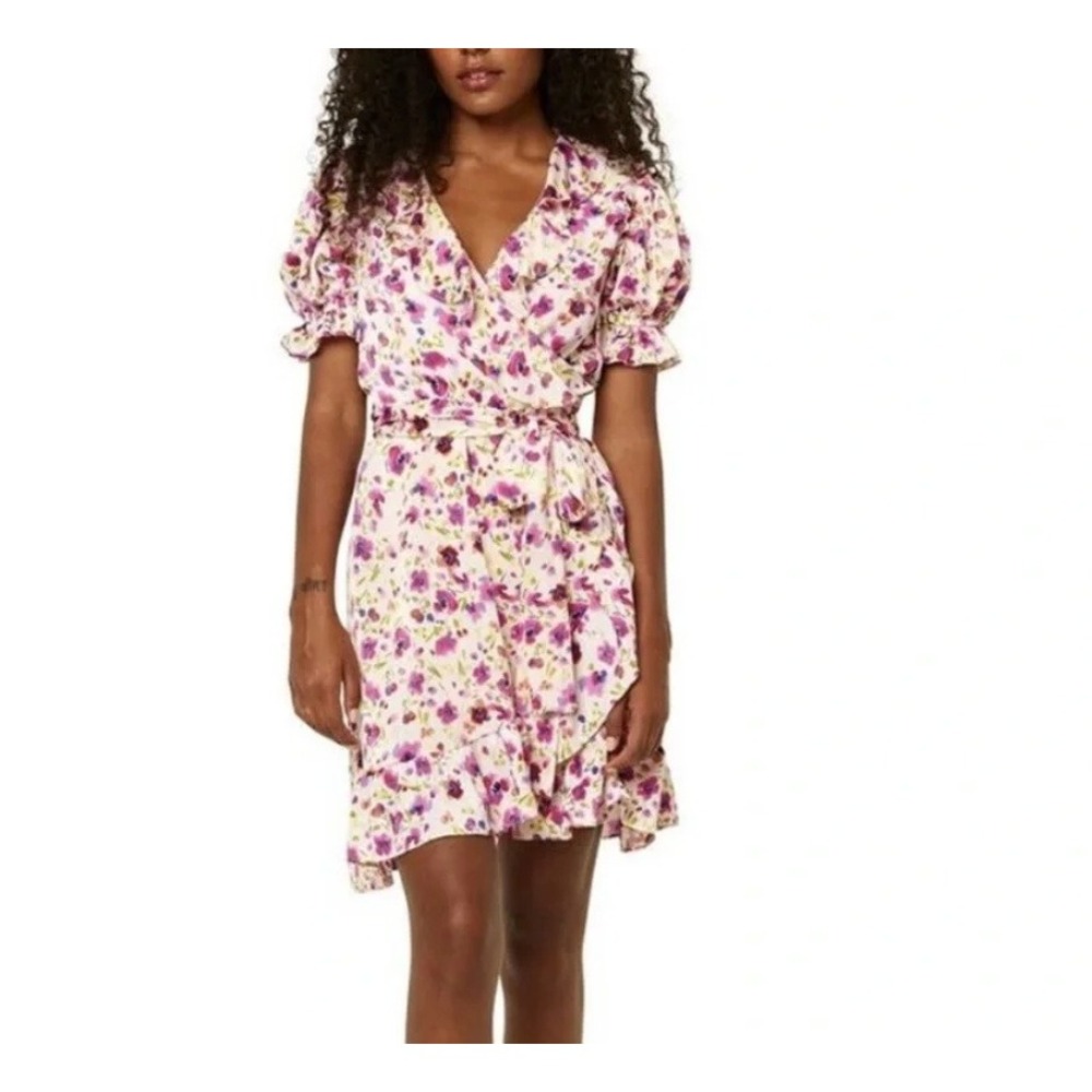 Misa Floral Wrap Puff Sleeve Mini Dress in Purple Pink Floral sz M‎